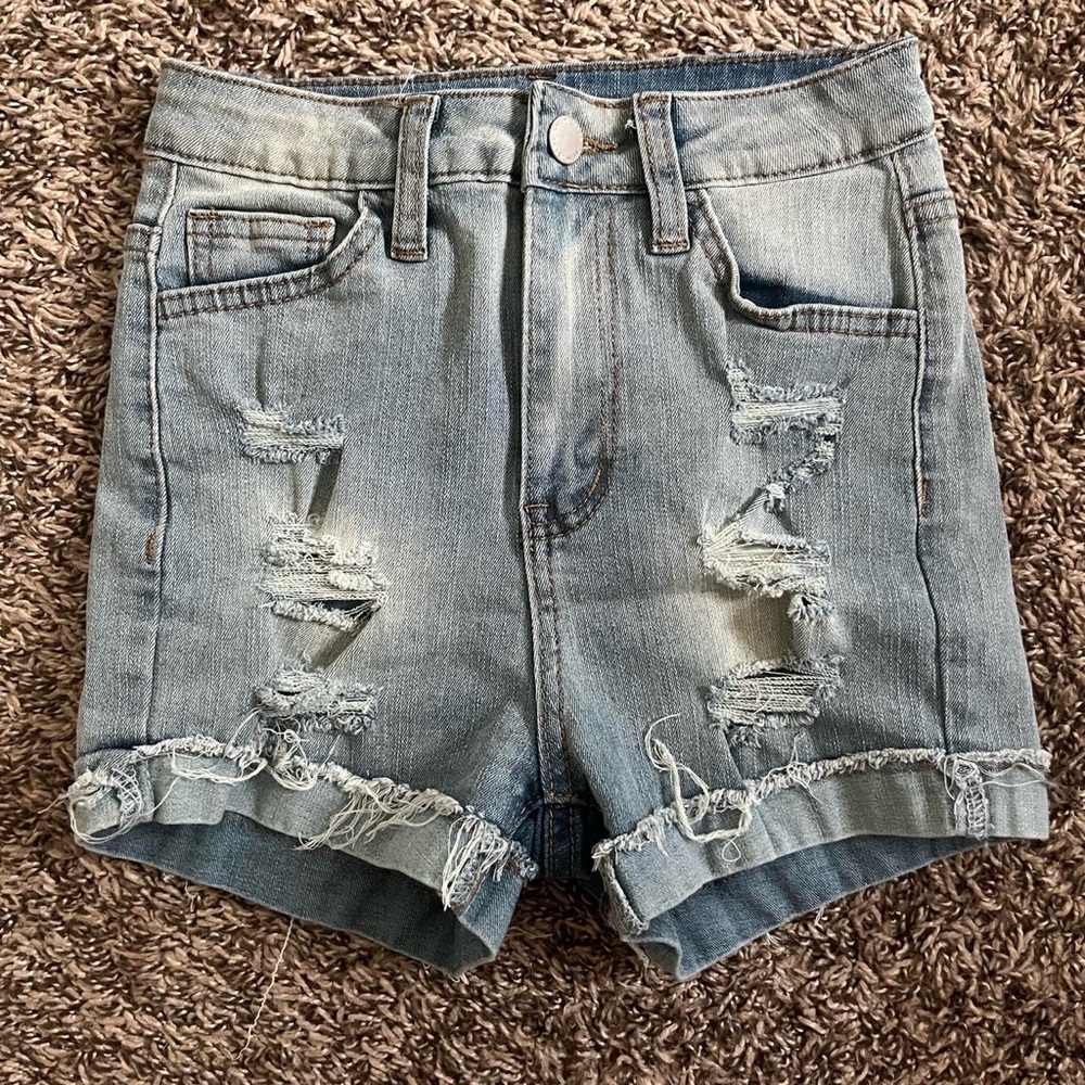 Blue denim ripped jeans shorts